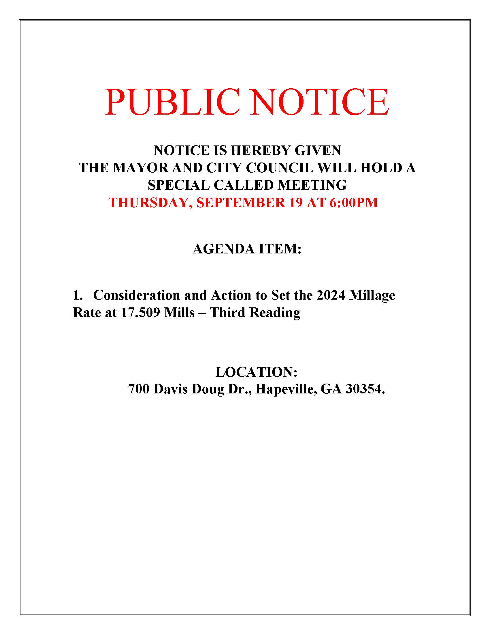 PUBLIC NOTICE 09192024 SPECIAL CALLED MEETING